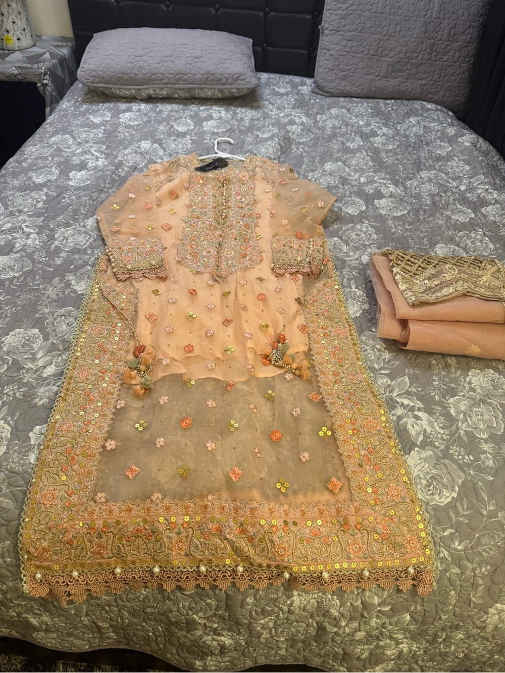 Embroidered Peach Women’s Dress with Scarf - Picture 5 of 8
